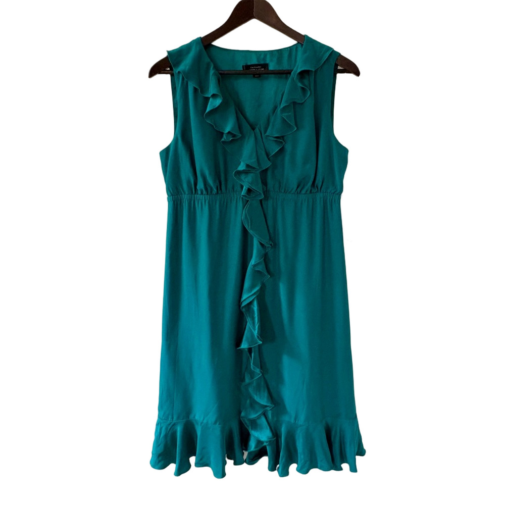 NWT Tahari 100% Silk feminine teal sleeveless v-neck Ruffled party dress Size 6